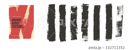 Set of long black roller rough textures. Ink paint brush straight strokes. Rectangle grange text boxes. Wide eroded streaks set. Quotation grunge textures. Vector wall ink rolled borders elements 132711352