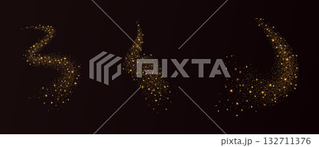 Golden glitter dust with sparkling curved lines on dark night sky set. Shimmer spray effect for festive celebration collection. Bright stardust and light powder texture. Vector background illustration Golden glitter dust with sparkling curved lines on dark night sky set. Shimmer spray effect for festive celebration collection. Bright stardust and light powder texture. Vector background illustration 132711376