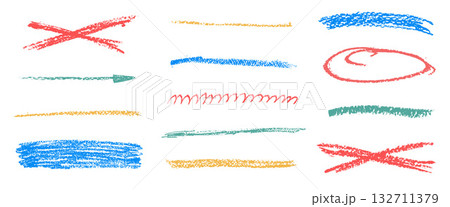 Underline crayon drawn set. Pencil brush stroke lines. Hand drawn kid textured straight stripe, emphasis freehand elements. Arrow, scribble colorfull highlights. Vector crayon painted divider isolated Underline crayon drawn set. Pencil brush stroke lines. Hand drawn kid textured straight stripe, emphasis freehand elements. Arrow, scribble colorfull highlights. Vector crayon painted divider isolated 132711379
