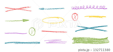 Multi colors underline crayons elements. Line vivid graphite pencil brush stroke textured. Wax chalk strikethrough marks set. Hand pen drawn highlight and emphasis. Vector scribble dividers 132711380