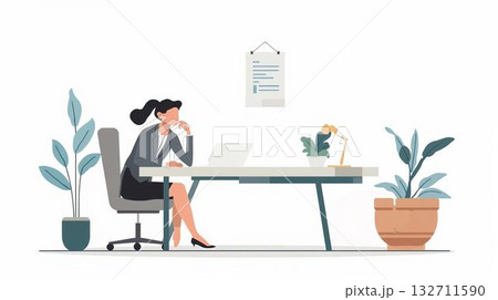 デスクで座って仕事をする女性1人のイラスト デスクで座って仕事をする女性1人のイラスト 132711590
