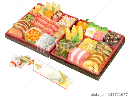 お節料理と馬の祝箸の水彩イラスト お節料理と馬の祝箸の水彩イラスト 132711677