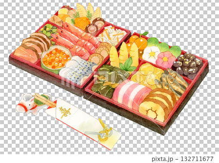 Watercolor illustration of New Year's dishes and horse celebratory chopsticks Watercolor illustration of New Year's dishes and horse celebratory chopsticks 132711677