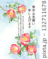 寒中見舞い　はがきテンプレート　雪と椿の水彩イラスト 132711678