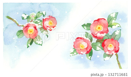 雪と椿の水彩イラスト　フレーム装飾用 132711681