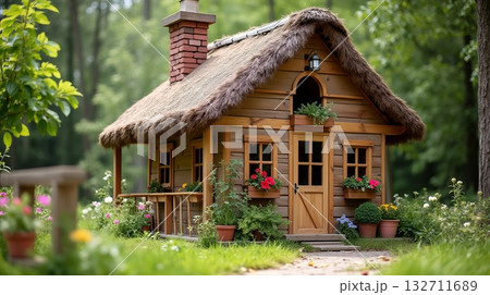 Enchanting wooden cottage with a thatched roof surrounded by vibrant flowers and greenery in a serene forest garden. Concept of playhouse for kids 132711689
