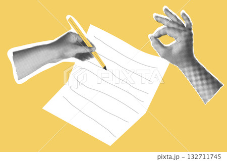 Halftone Collage Hand yellow background ok sign Problem analysis. Stock market statistics chart. Finance business data graph. Find solution or answer to cause or incident. 132711745