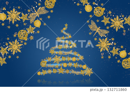 Christmas blue background with Christmas tree decorations with a golden snowflake, star and ball and golden lights. New Year and Christmas card. Christmas blue background with Christmas tree decorations with a golden snowflake, star and ball and golden lights. New Year and Christmas card. 132711860