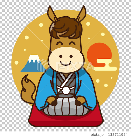 一幅雄馬身著傳統日式服裝慶祝新年的插圖（新年賀卡，日式設計） 132711934