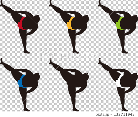 Silhouette set of sumo wrestlers raising one leg in stomp 132711945