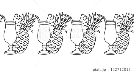 Summer Pina Colada Cocktail and Pineapple Fruit Seamless border pattern. Hand drawn graphic Vector illustration. Black and white line art in Doodle style. For packaging tape, fabric summer prints. 132712012