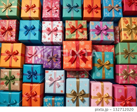 Stylish gifts. Multicolored gift boxes. Celebration, birthdays, Christmas and branding. Packaging. Top view. 132712020