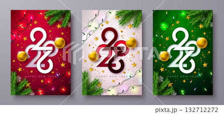 2026 Happy New Year Greeting Card Clipart Set Design with Cut Out Typography Number, Golden Christmas Ball and Light Garland on Red, White and Green Background. Holiday Illustration with Christmas 132712272