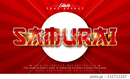 Asian Japanese 3D Text Effect Design Editable Vector Graphic Style with Shadow and Red Golden Samurai Lettering on Abstract Pattern Background. Premium Scalable Business Typography Illustration Mockup 132712287