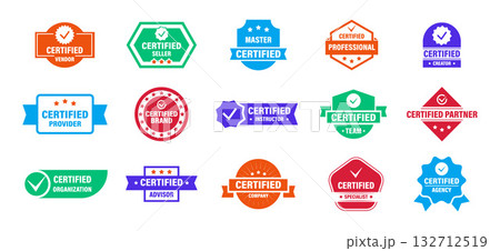 Set of Stamps Certified. Colorful vector badges, seller, brand, specialist, emblems for business Set of Stamps Certified. Colorful vector badges, seller, brand, specialist, emblems for business 132712519