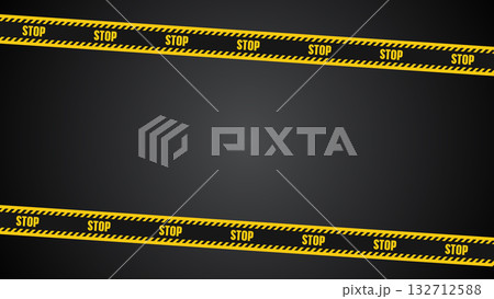 Yellow and black STOP warning tape on dark background. Horizontal caution ribbon for danger, police, or construction zone. Realistic design for alert, restriction, or security concept Yellow and black STOP warning tape on dark background. Horizontal caution ribbon for danger, police, or construction zone. Realistic design for alert, restriction, or security concept 132712588