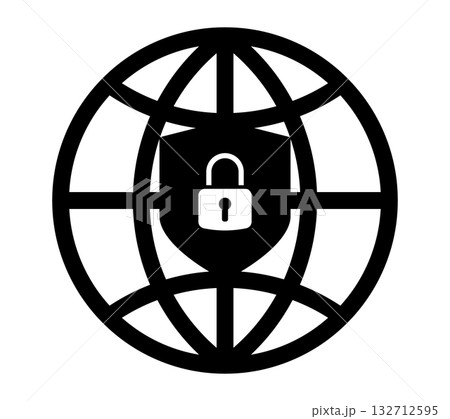 Global internet security icon with shield and padlock. Symbol of online protection, data privacy, cybersecurity, safe network, and digital encryption. Vector illustration for technology and web design 132712595