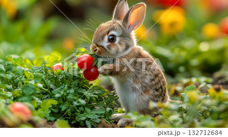 Baby rabbit is eating a tomato in a garden 132712684