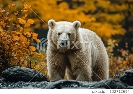 Bear is standing in a forest with leaves on the ground 132712694