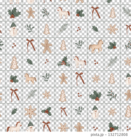 Seamless Christmas mosaic pattern with stylized icons symbol new year 2026, horses, pine branches, fir tree, bow, holly, red berries, cookie gingerbread, snowman and poinsettia for festive designs Seamless Christmas mosaic pattern with stylized icons symbol new year 2026, horses, pine branches, fir tree, bow, holly, red berries, cookie gingerbread, snowman and poinsettia for festive designs 132712808