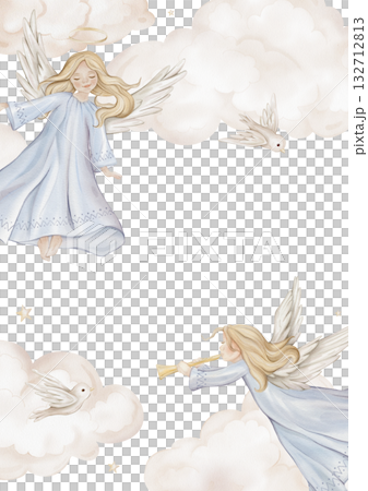Vertical Banner watercolor illustration with angel with light hair and nimbus. Postcard for Christmas or Christian Nativity for religious baptism. Hand drawn illustration clouds and birds, stars Vertical Banner watercolor illustration with angel with light hair and nimbus. Postcard for Christmas or Christian Nativity for religious baptism. Hand drawn illustration clouds and birds, stars 132712813