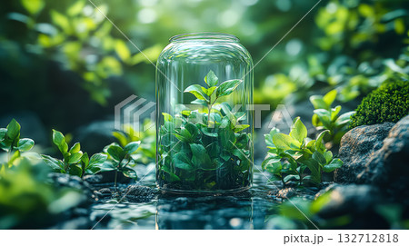 Glass jar filled with green plants is placed on a rock 132712818