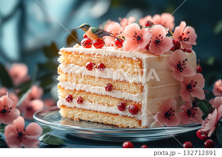 Slice of cake with a bird on top and pink flowers surrounding it Slice of cake with a bird on top and pink flowers surrounding it 132712891
