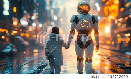 Robot and a child are walking down a street Robot and a child are walking down a street 132712926
