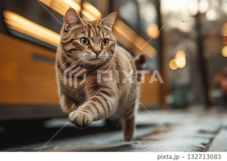 Cat is running on the street and is in front of a yellow bus 132713083