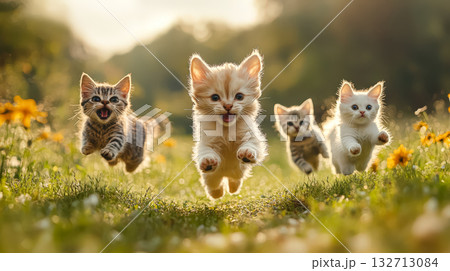 Four kittens are running through a field of yellow flowers 132713084