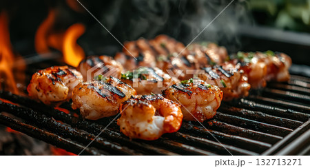 Grill with shrimp on it and smoke coming out of it 132713271