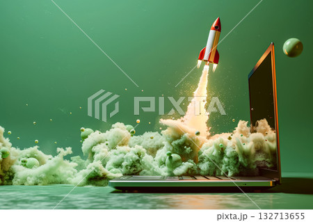 White rocket is launched into the air, leaving a trail of smoke behind it. 132713655