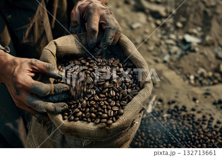 Man is holding a bag of coffee beans 132713661