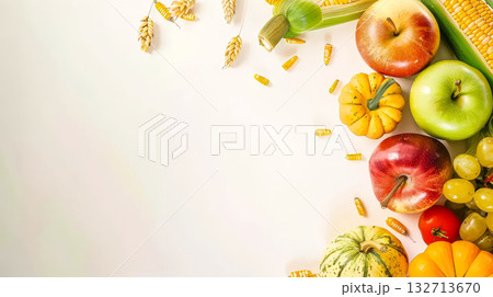White background with a variety of fruits and vegetables including apples 132713670
