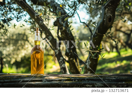 Bottle of olive oil is sitting on a wooden table in a lush green field 132713671