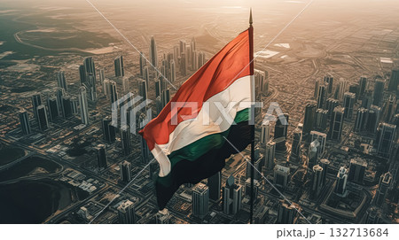 Flag is flying high above a city Flag is flying high above a city 132713684