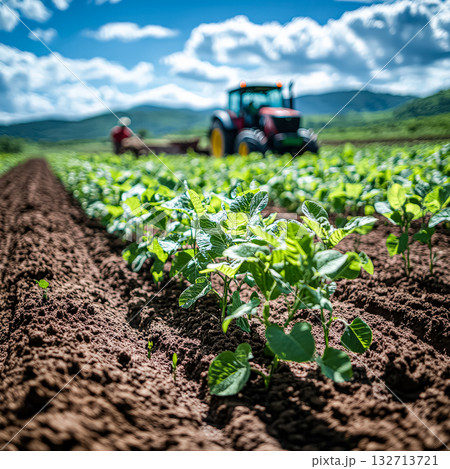 Tractor is in a field with a man in a red shirt 132713721