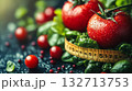 Ruler is placed on top of a plate of tomatoes and greens 132713753