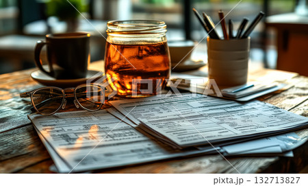 Table with a cup of tea, a jar, and a pair of glasses 132713827