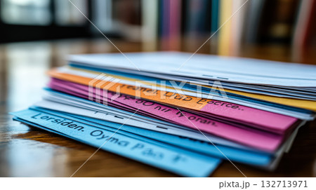 Stack of colorful papers with writing on them 132713971
