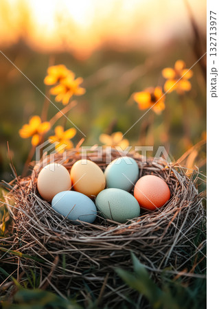 Nest of eggs with a variety of colors, including yellow, orange, and green Nest of eggs with a variety of colors, including yellow, orange, and green 132713977
