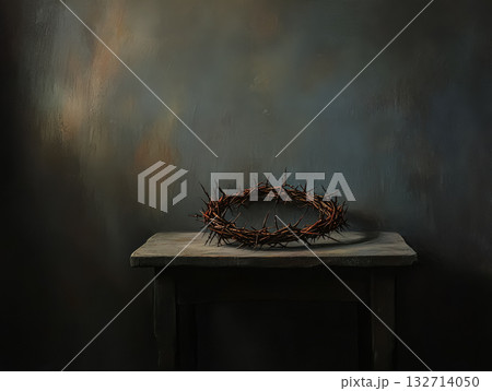 Crucifixion wreath sits on a table 132714050