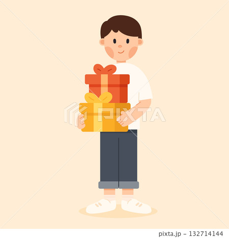 Flat cartoon illustration of a cute boy holding a Christmas gift box. Festive and cheerful winter holiday theme, perfect for greeting cards, celebration, and seasonal vector designs. Flat cartoon illustration of a cute boy holding a Christmas gift box. Festive and cheerful winter holiday theme, perfect for greeting cards, celebration, and seasonal vector designs. 132714144