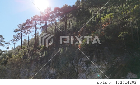 drone flight mountains coniferous forest clear blue sky. High quality photo drone flight mountains coniferous forest clear blue sky. High quality photo 132714202