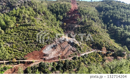 mountain construction drone view coniferous forest 4k 132714204