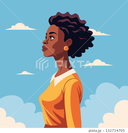 Young African American woman with curly hair. A strong woman looking up at the sky. Freedom, feminism, female dignity concept. Young African American woman with curly hair. A strong woman looking up at the sky. Freedom, feminism, female dignity concept. 132714705