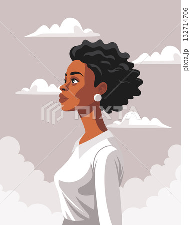 Young African American woman with curly hair. A strong woman looking up at the sky. Freedom, feminism, female dignity concept. 132714706