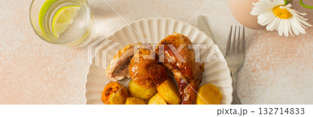 A delicious meal featuring baked rabbit and golden roasted potatoes is served on a round, ridged plate. Accompanying the dish is a glass of water with lemon slices, a small bowl of ketchup, banner A delicious meal featuring baked rabbit and golden roasted potatoes is served on a round, ridged plate. Accompanying the dish is a glass of water with lemon slices, a small bowl of ketchup, banner 132714833