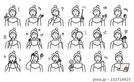 若い女性の表情ー表現とジェスチャーのアイコンセットーベクターイラスト素材 若い女性の表情ー表現とジェスチャーのアイコンセットーベクターイラスト素材 132714925