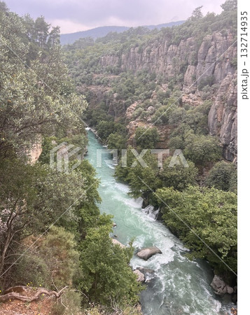 Rushing mountain stream, Waterfall rocky pool. High quality photo 132714935